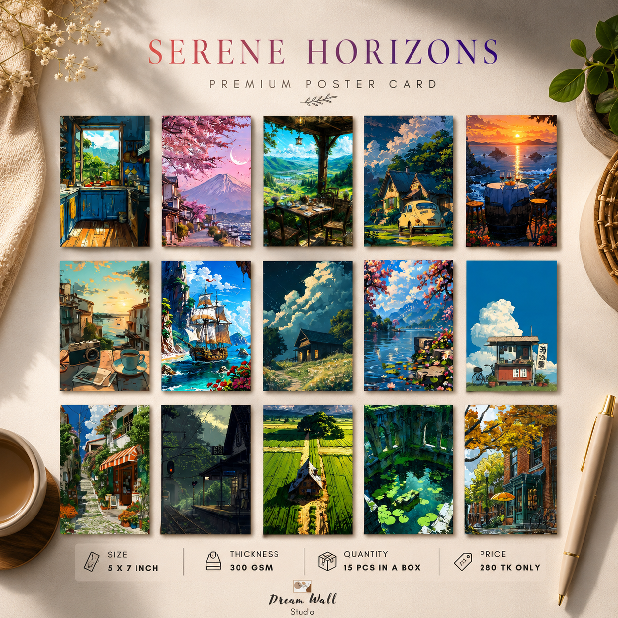 Serene Horizons Studio Ghibli Vibe Poster Card Pack