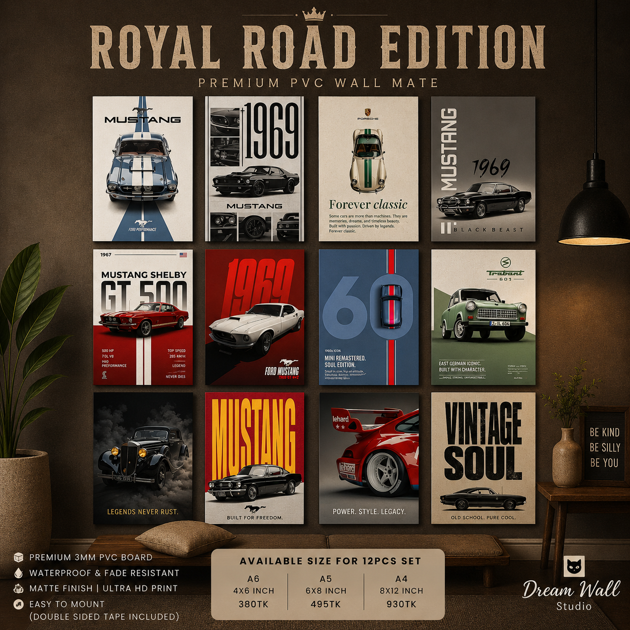 Royal Road Edition 12 Pcs PVC Wallmate set – classic car wall decor