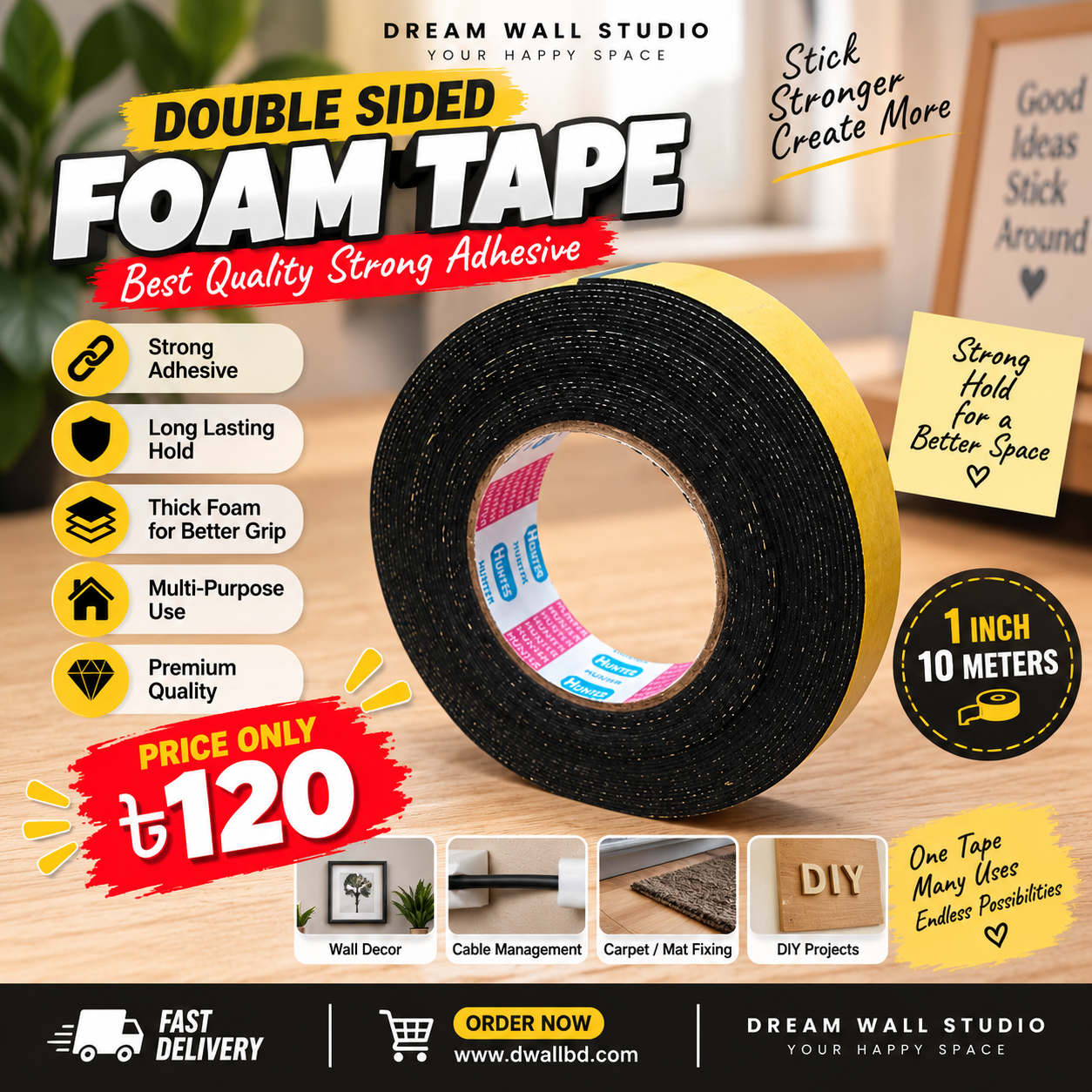 🖤 Double Sided Foam Tape — Strong Hold, Easy Fix! 🔥