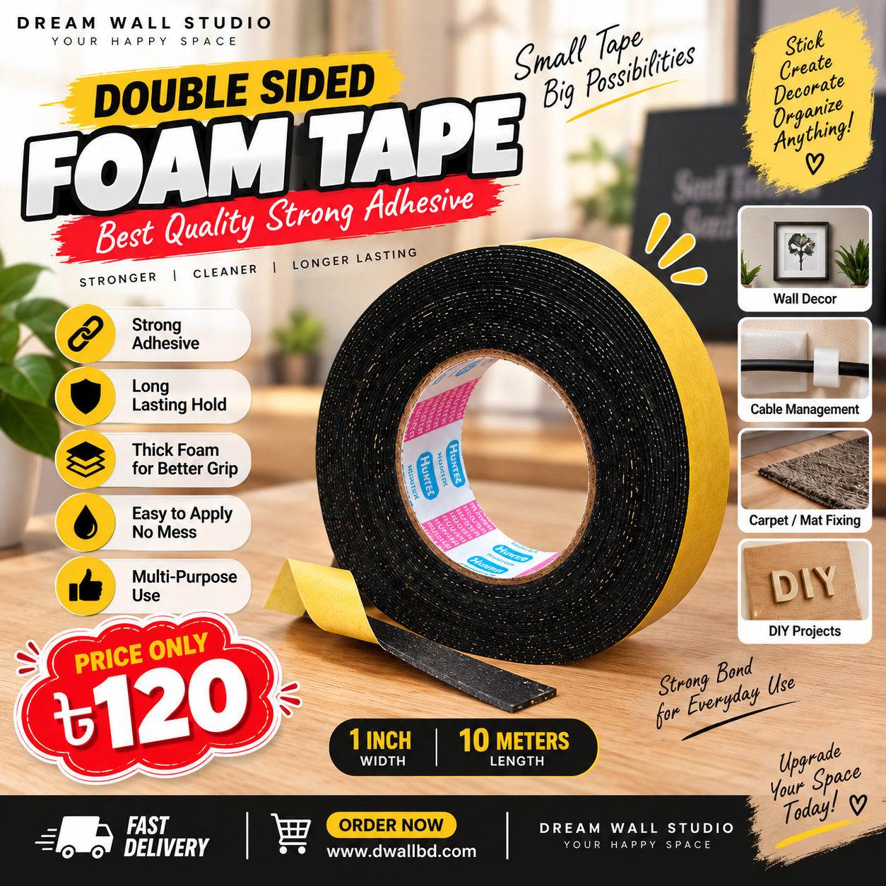 🖤 Double Sided Foam Tape — Strong Hold, Easy Fix! 🔥