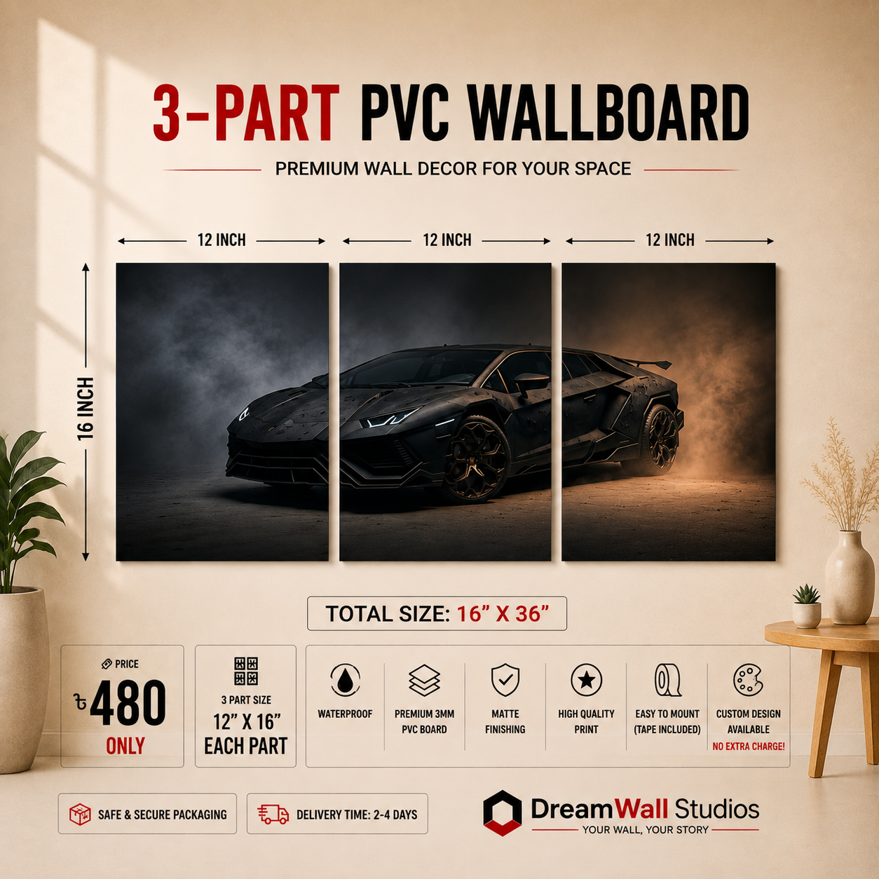 Black Lamborghini 3 Part PVC Wallboard Set