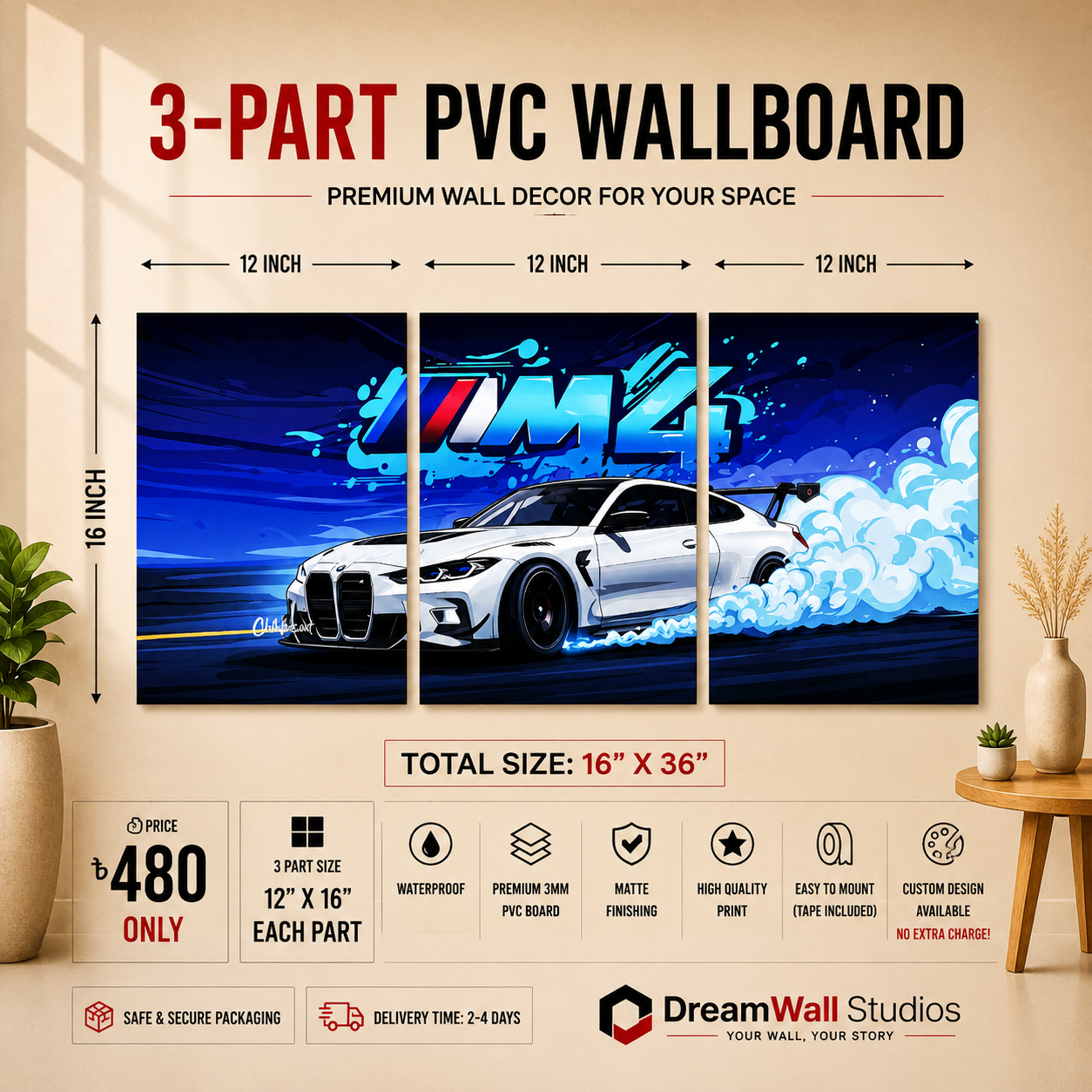BMW M4 Blue Clouds 3 Part PVC Wallboard Set