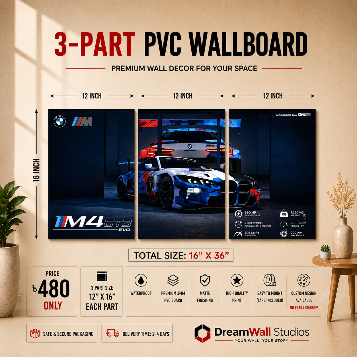 BMW M4 GT3 EVO 3 Part PVC Wallboard Set