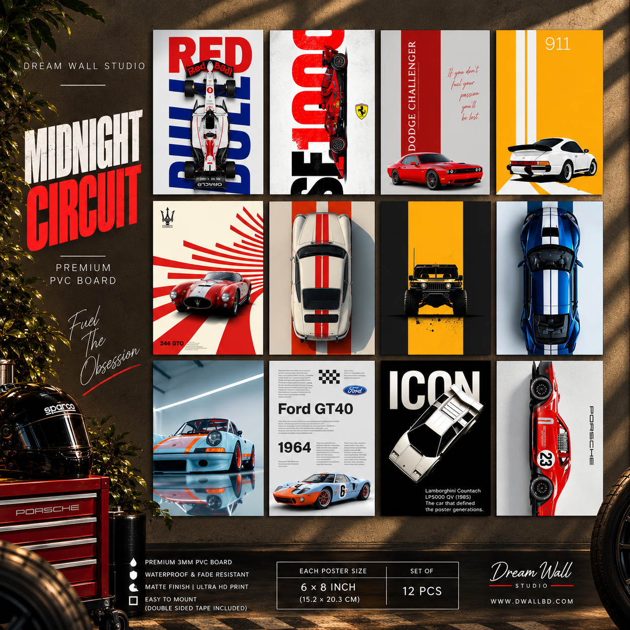 Midnight Circuit 12 Pcs PVC Wallmate set – car wall decor