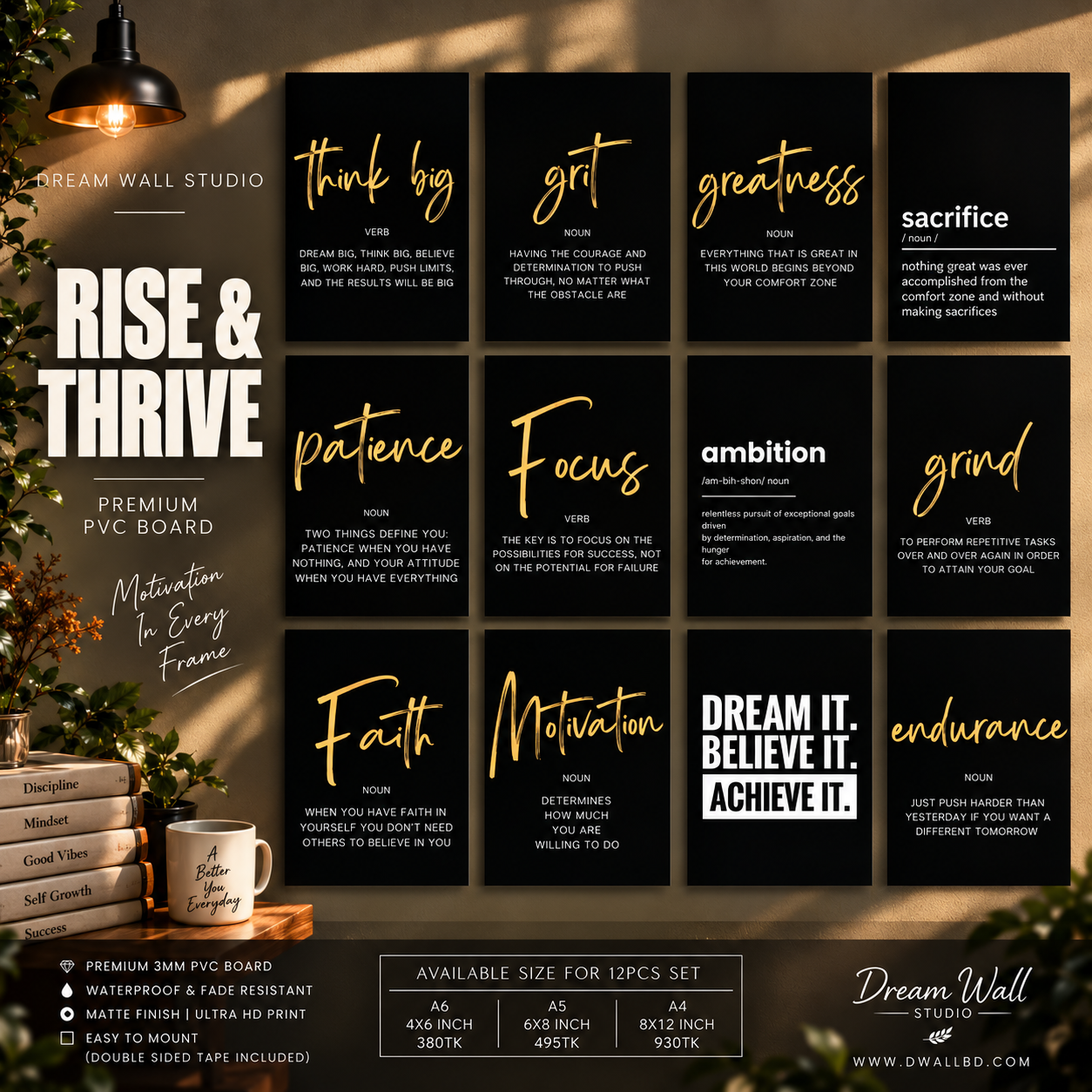 Rise & Thrive 12 Pcs PVC Wallmate set – motivational wall decor