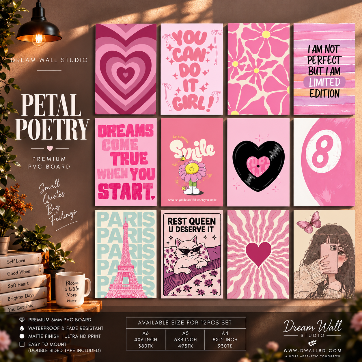 Petal Poetry 12 Pcs PVC Wallmate set – pink aesthetic wall decor