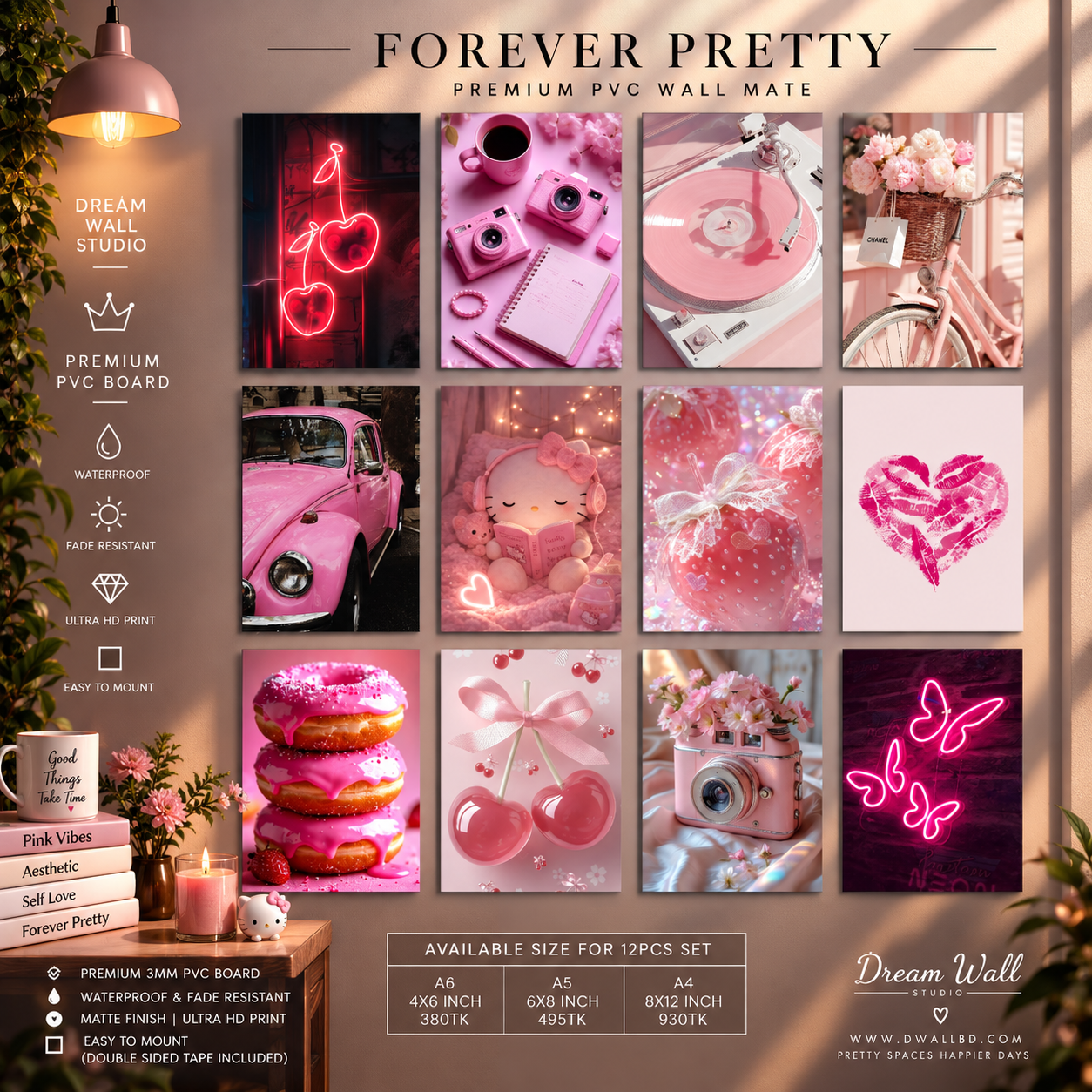 Forever Pretty 12 Pcs PVC Wallmate set – pink aesthetic wall decor