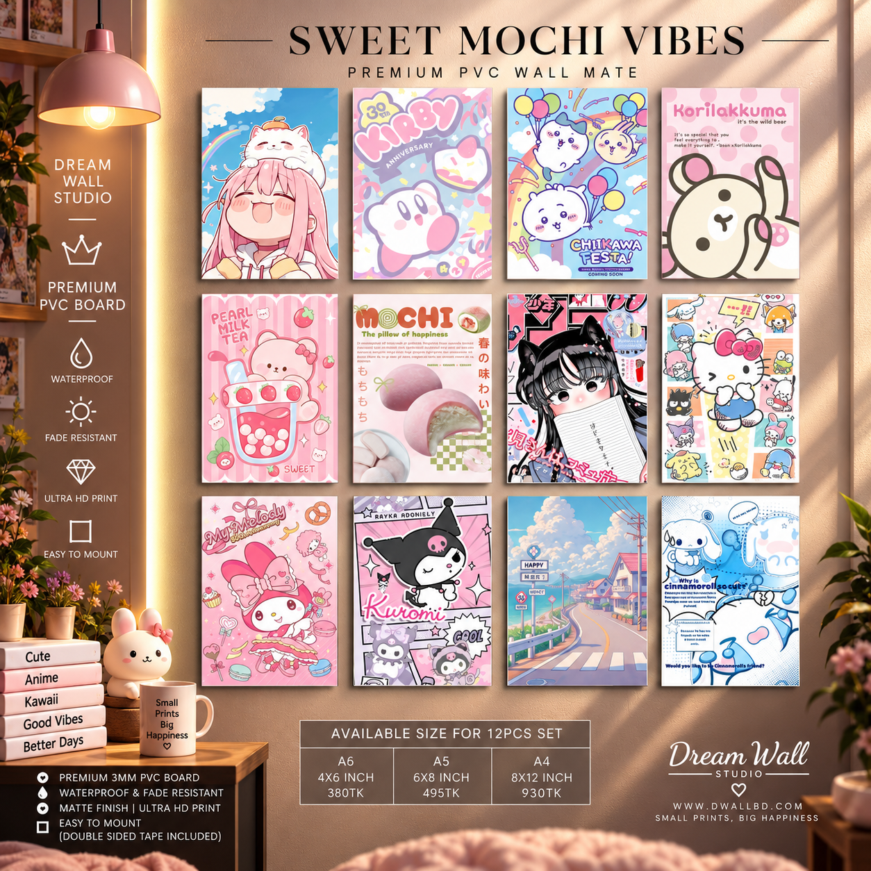 Sweet Mochi Vibes 12 Pcs PVC Wallmate set – cute wall decor