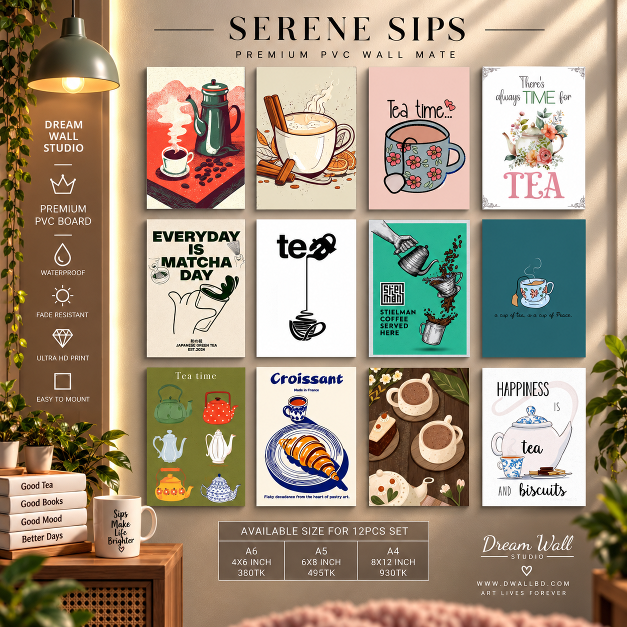 Serene Sips 12 Pcs PVC Wallmate set – tea and coffee wall decor