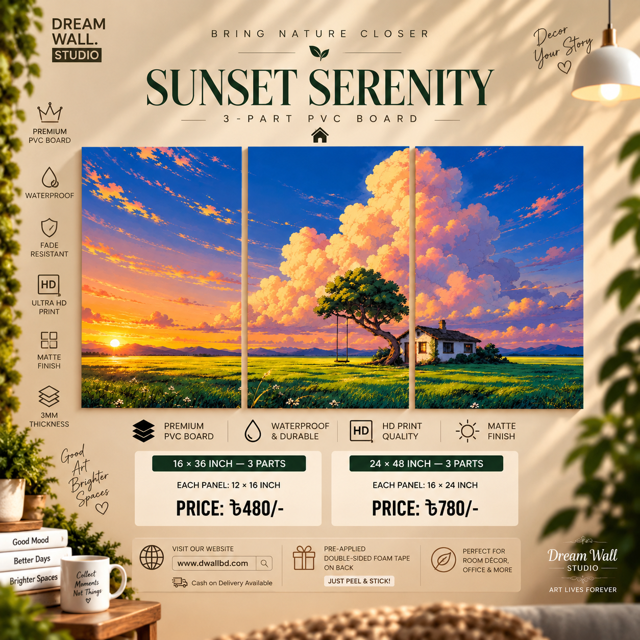 Sunset Serenity Meadow 3 Part PVC Wallboard Set