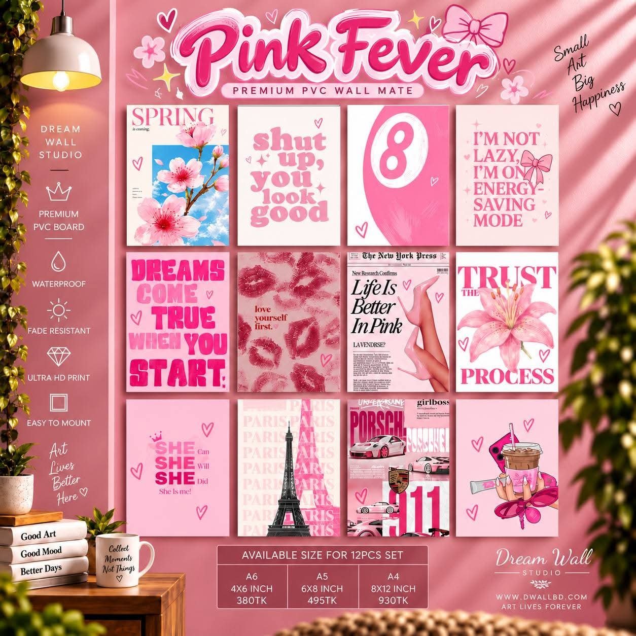 Pink Fever 12 Pcs PVC Wallmate set – pink aesthetic wall decor