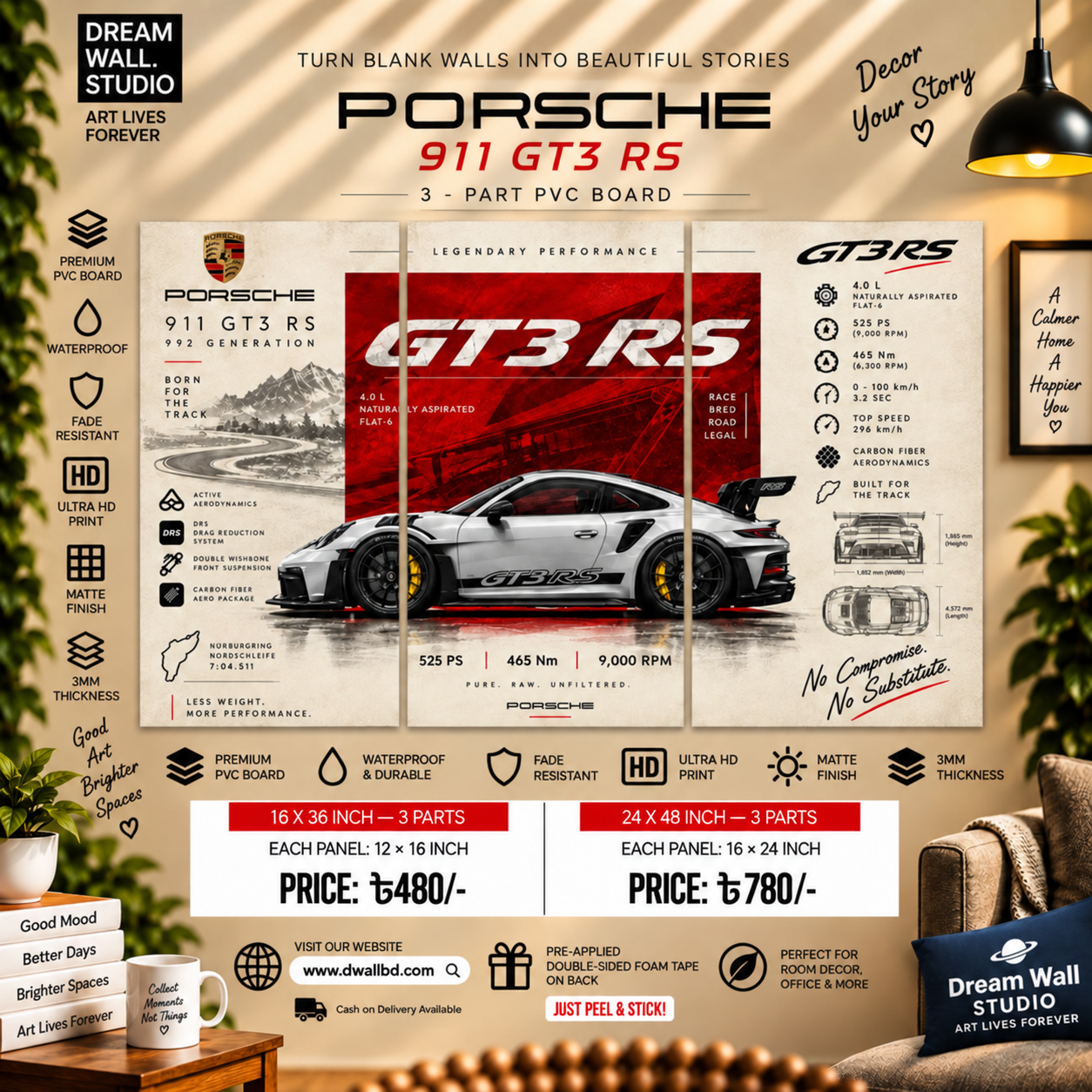 Porsche 911 GT3 RS Blueprint 3 Part PVC Wallboard Set