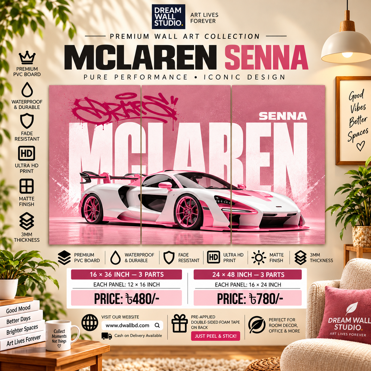 McLaren Senna Pink Graffiti 3 Part PVC Wallboard Set