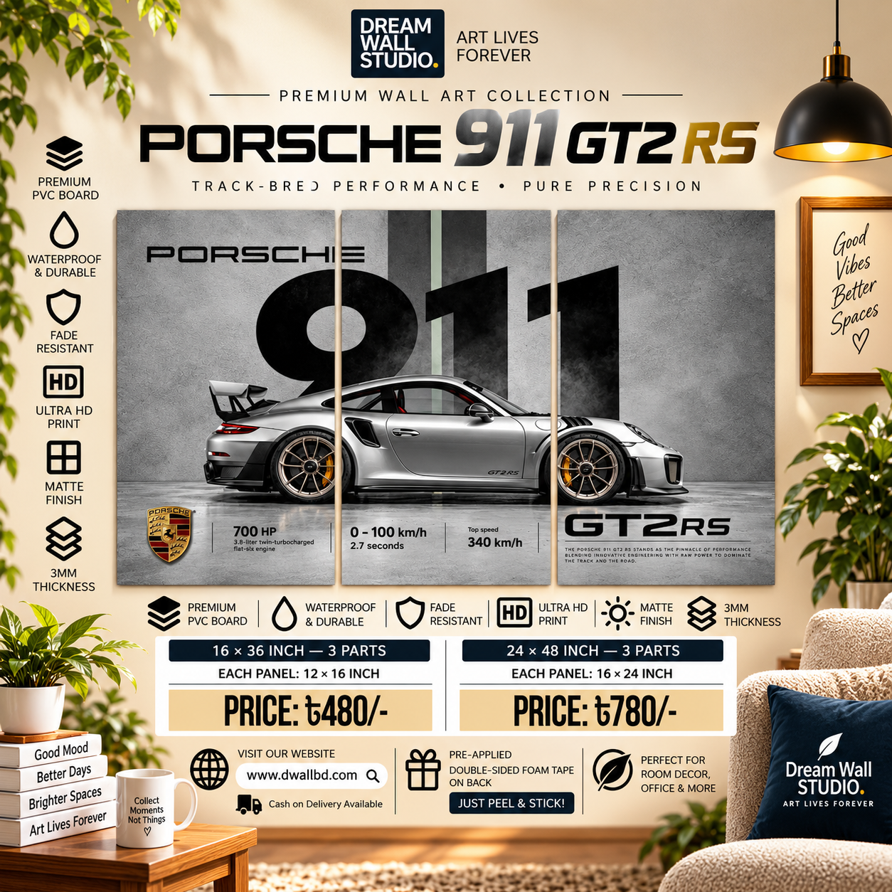 Porsche 911 GT2 RS Silver Track 3 Part PVC Wallboard Set