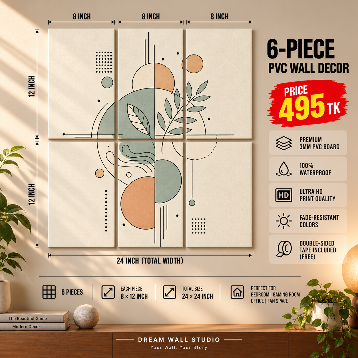 Botanical Line Art 6 Piece PVC Wall Decor – 3mm PVC board, 8x12 inch each – Dream Wall Studio