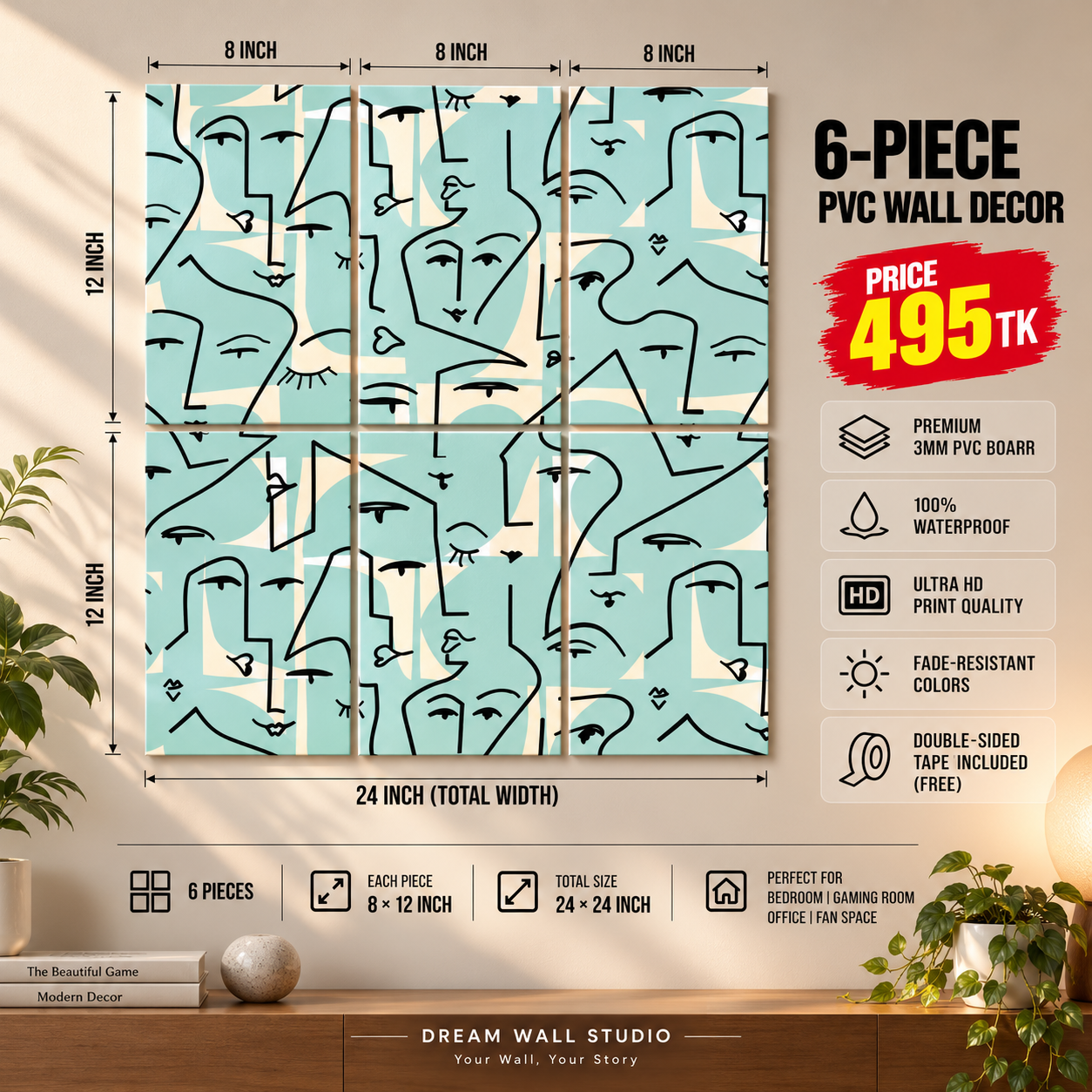 Teal Face Line Pattern 6 Piece PVC Wall Decor – 3mm PVC board, 8x12 inch each – Dream Wall Studio
