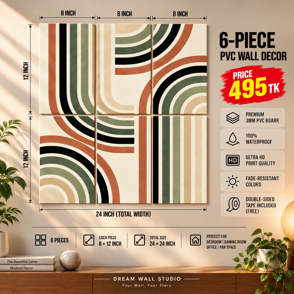 Rainbow Stripes 6 Piece PVC Wall Decor – 3mm PVC board, 8x12 inch each – Dream Wall Studio