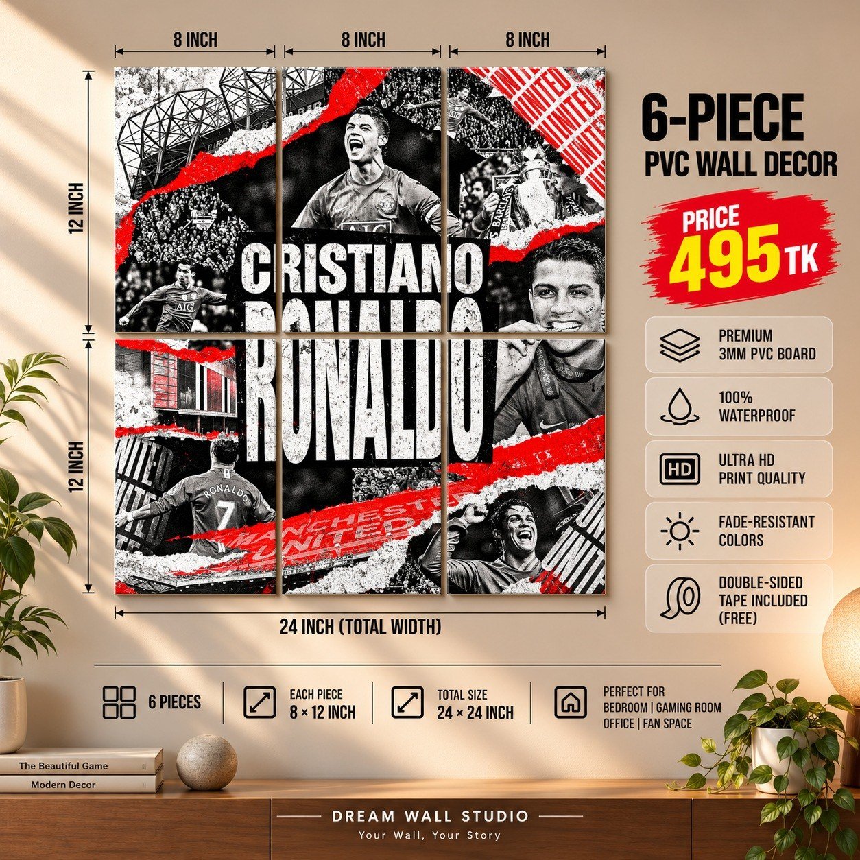 Cristiano Ronaldo Manchester Collage 6 Piece PVC Wall Decor – 3mm PVC board, 8x12 inch each – Dream Wall Studio