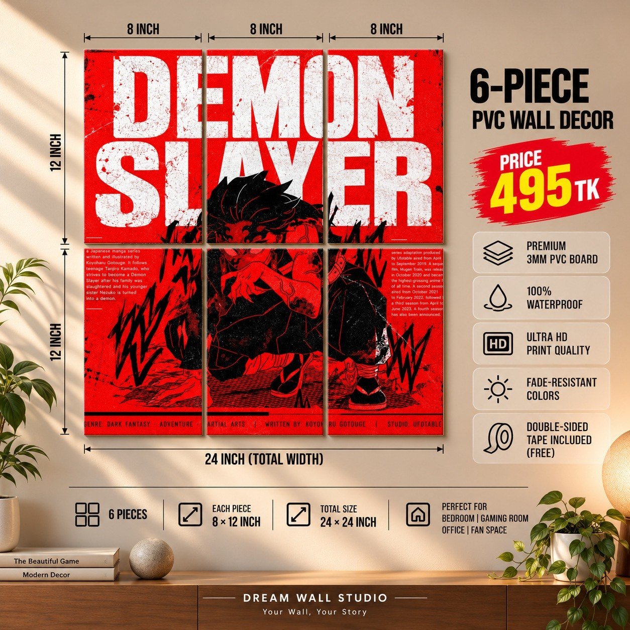 Demon Slayer Red 6 Piece PVC Wall Decor – 3mm PVC board, 8x12 inch each – Dream Wall Studio