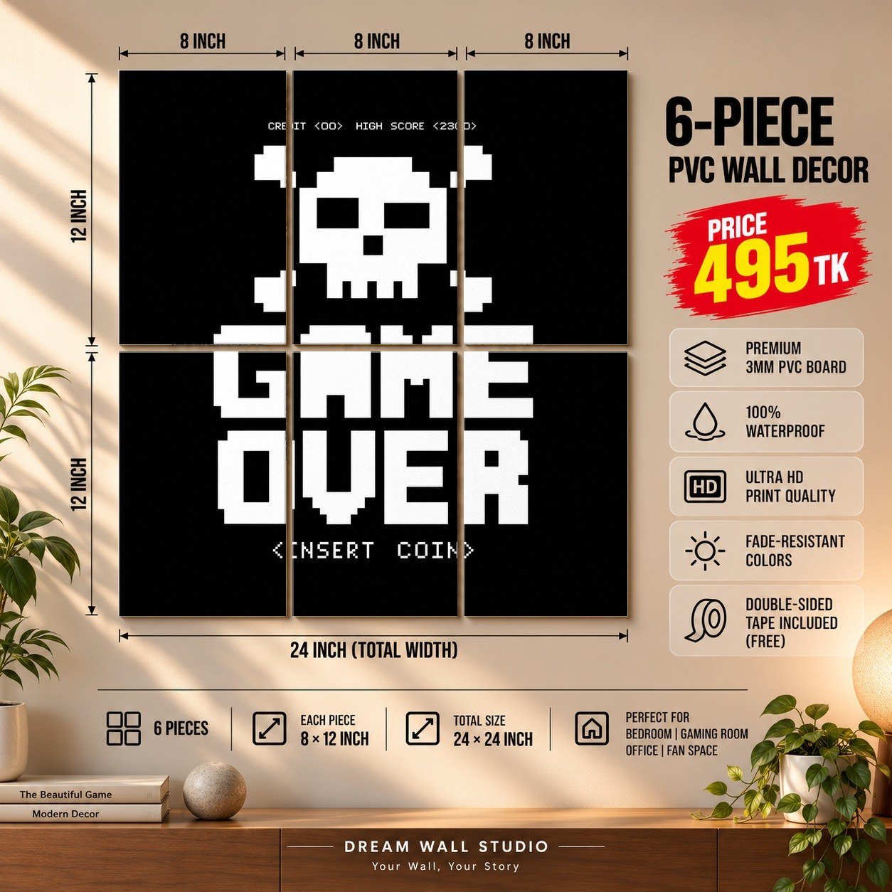 Game Over 6 Piece PVC Wall Decor – 3mm PVC board, 8x12 inch each – Dream Wall Studio