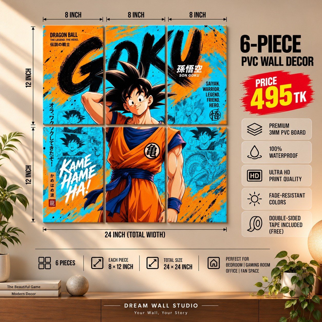 Goku Kamehameha 6 Piece PVC Wall Decor – 3mm PVC board, 8x12 inch each – Dream Wall Studio