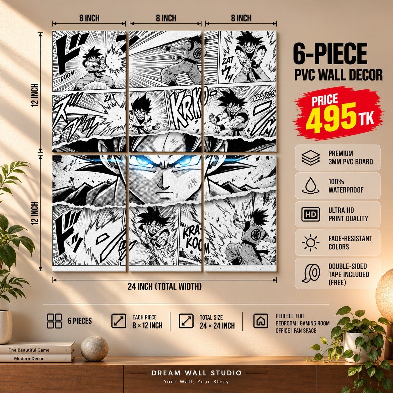 Goku Manga Panels 6 Piece PVC Wall Decor – 3mm PVC board, 8x12 inch each – Dream Wall Studio