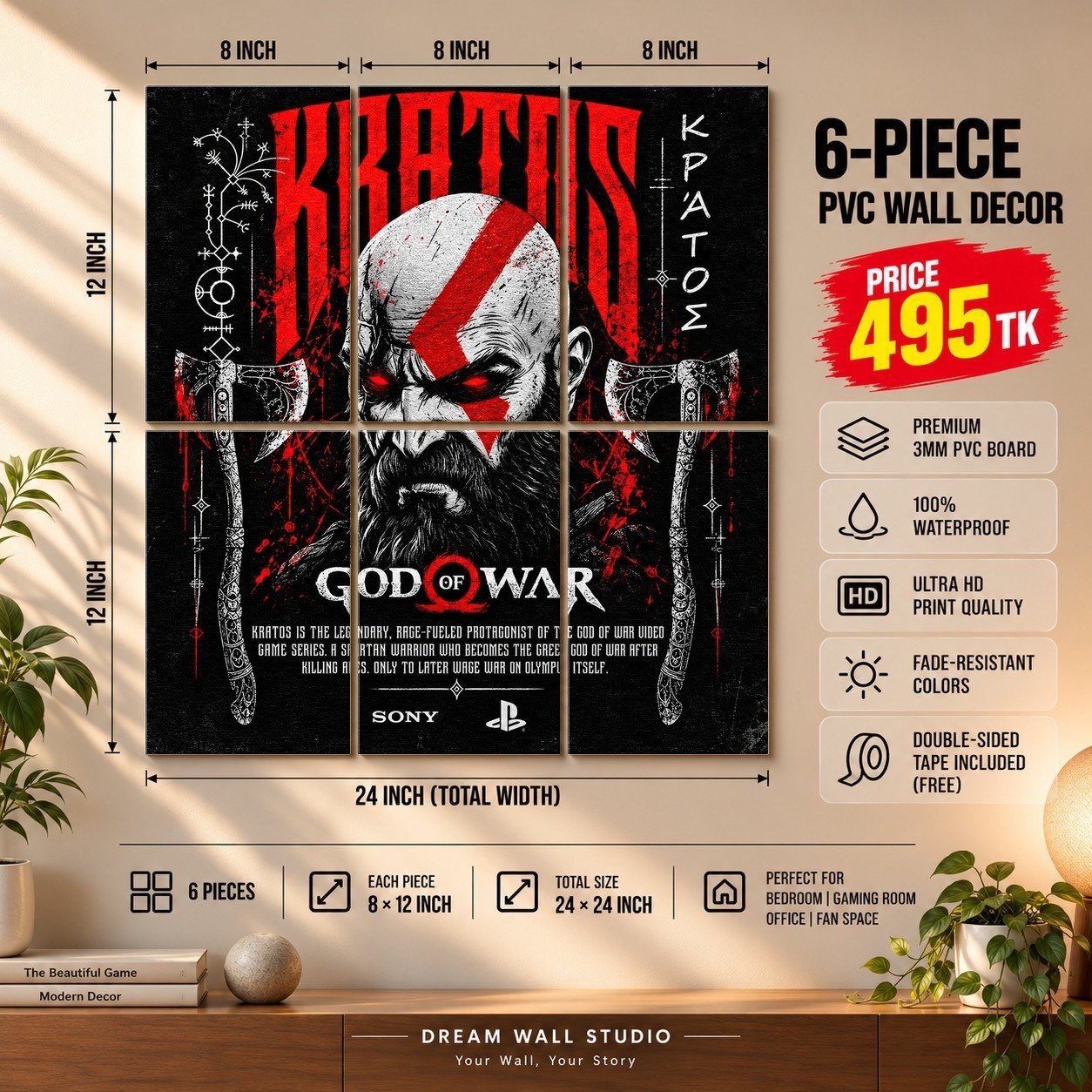 Kratos – God of War 6 Piece PVC Wall Decor – 3mm PVC board, 8x12 inch each – Dream Wall Studio