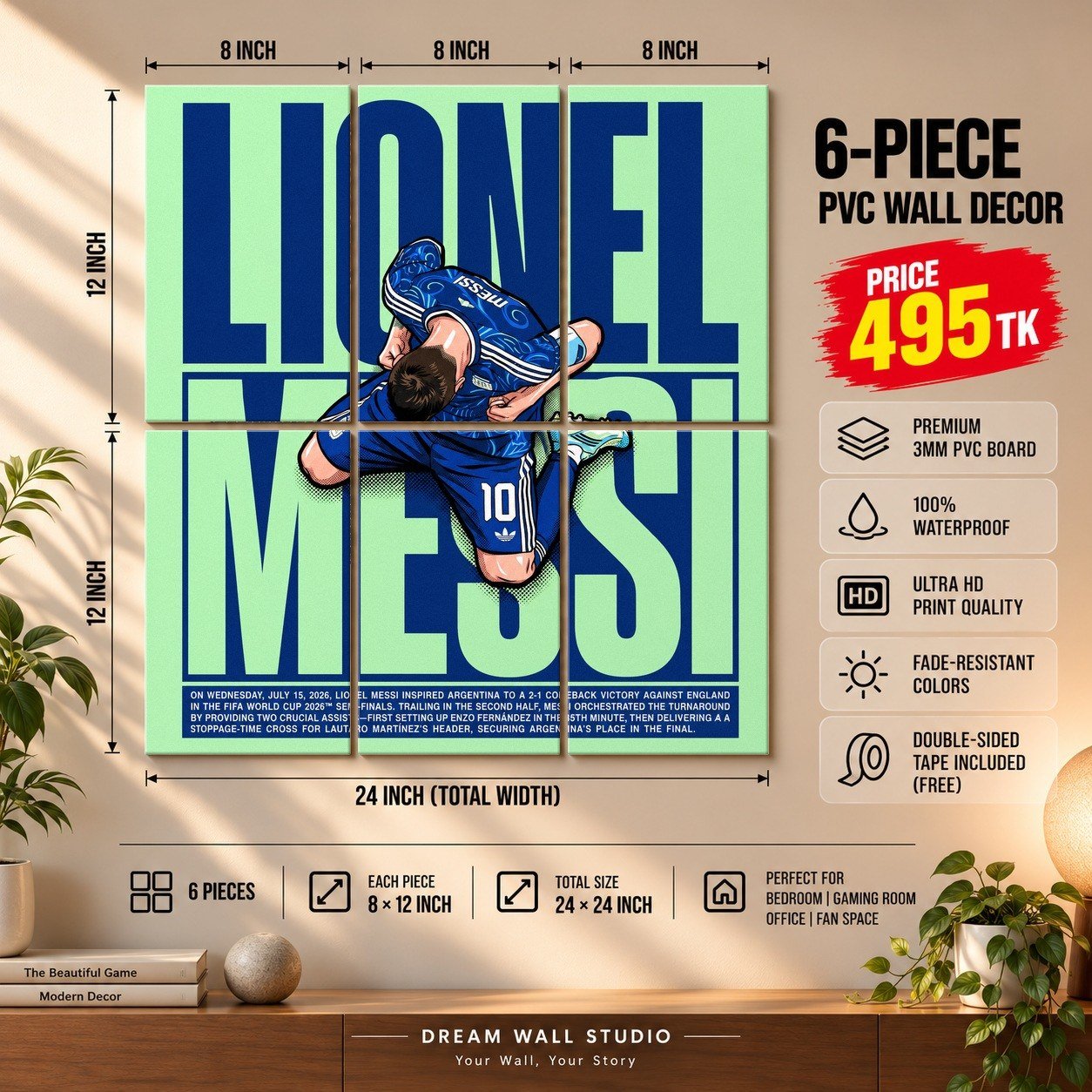 Lionel Messi Green 6 Piece PVC Wall Decor – 3mm PVC board, 8x12 inch each – Dream Wall Studio