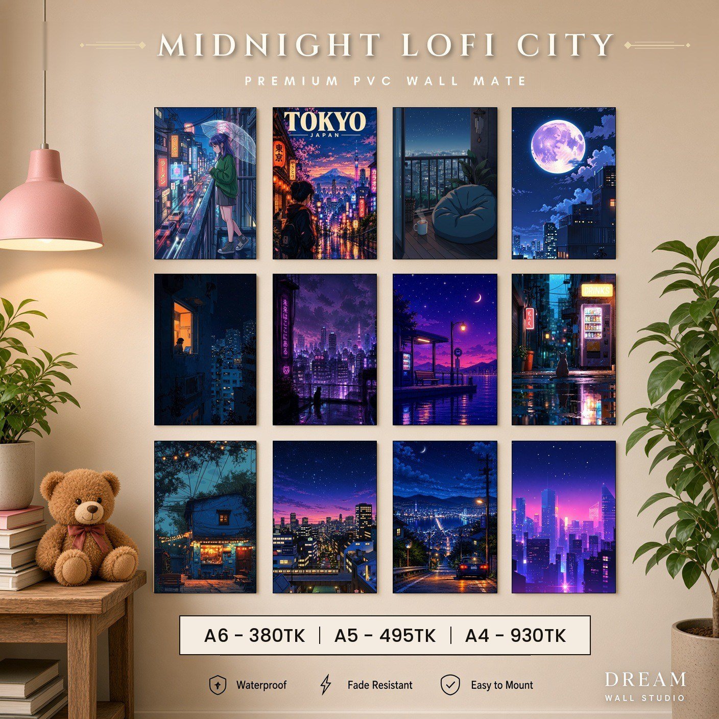 Midnight Lofi City PVC Wallmate 12pcs set – 3mm PVC wall board – Dream Wall Studio