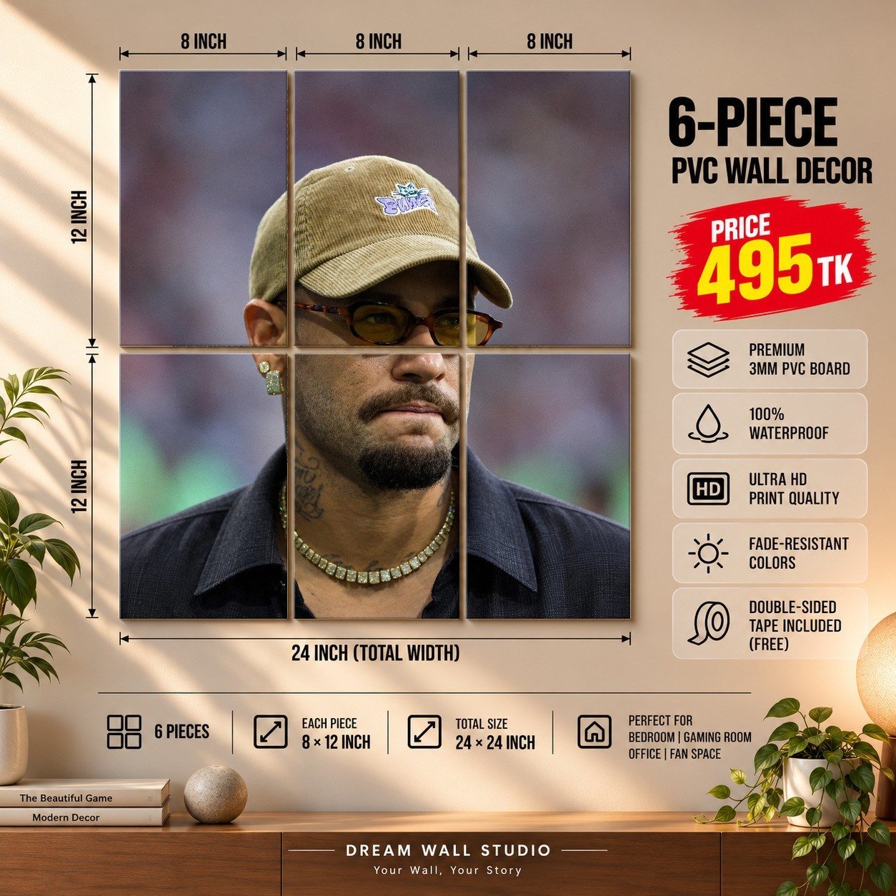 Neymar Cap Portrait 6 Piece PVC Wall Decor – 3mm PVC board, 8x12 inch each – Dream Wall Studio