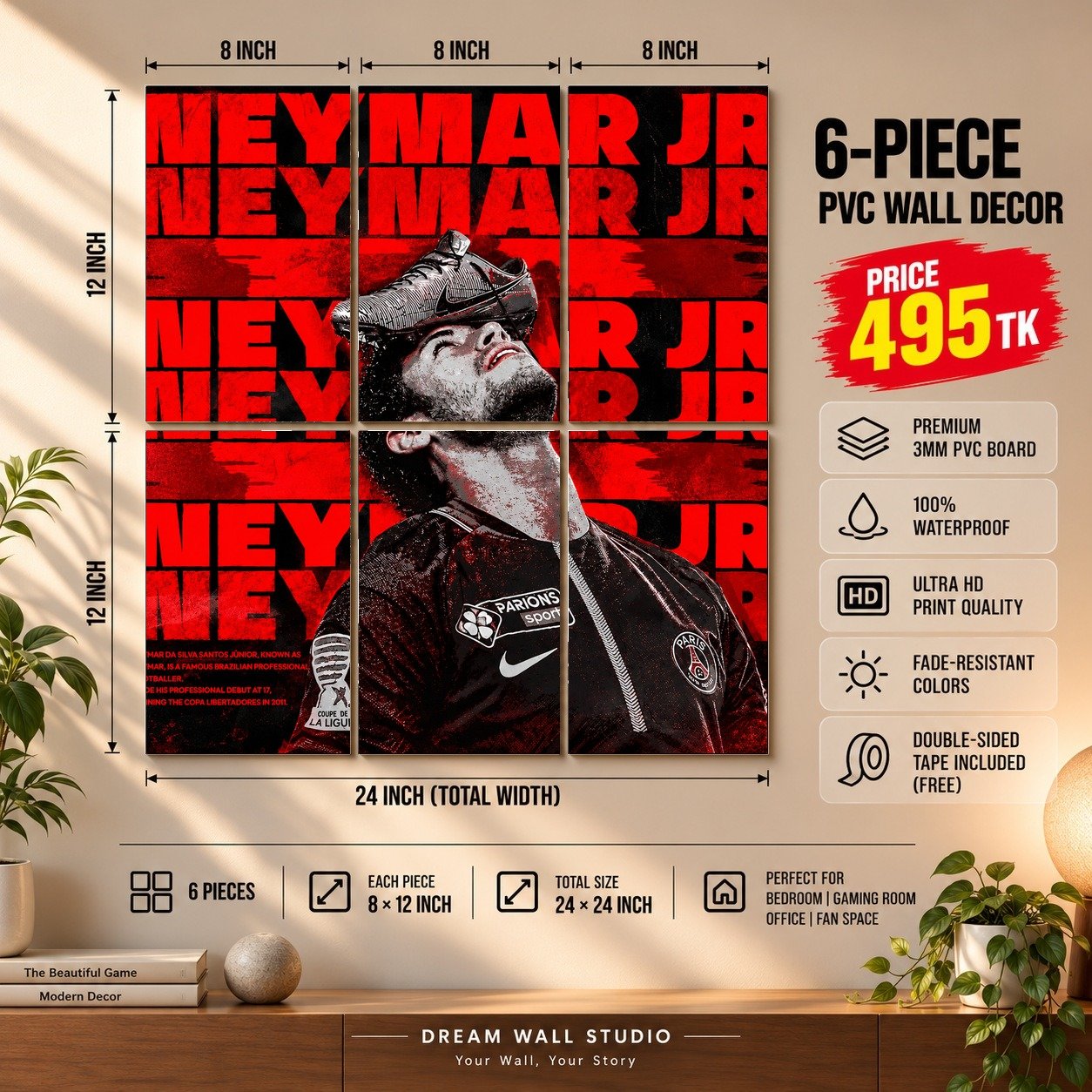 Neymar Jr Red Fury 6 Piece PVC Wall Decor – 3mm PVC board, 8x12 inch each – Dream Wall Studio