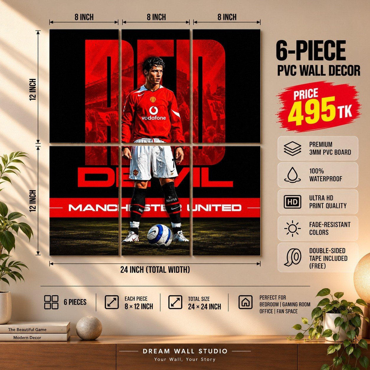 Red Devil Ronaldo 6 Piece PVC Wall Decor – 3mm PVC board, 8x12 inch each – Dream Wall Studio