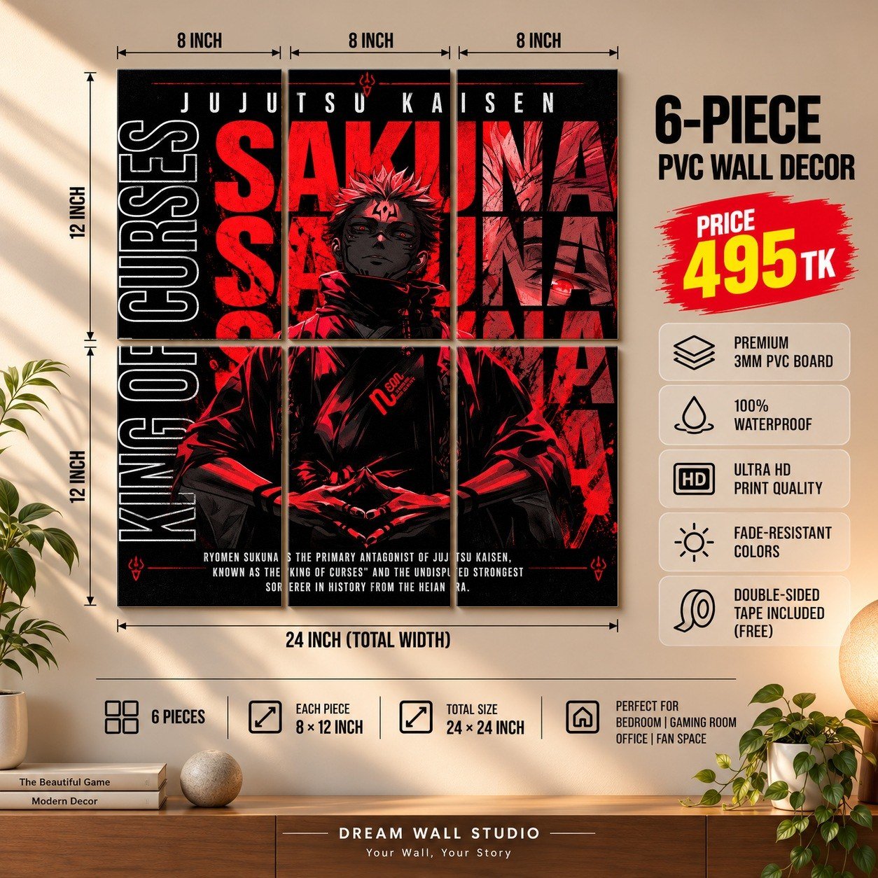 Sukuna – King of Curses 6 Piece PVC Wall Decor – 3mm PVC board, 8x12 inch each – Dream Wall Studio