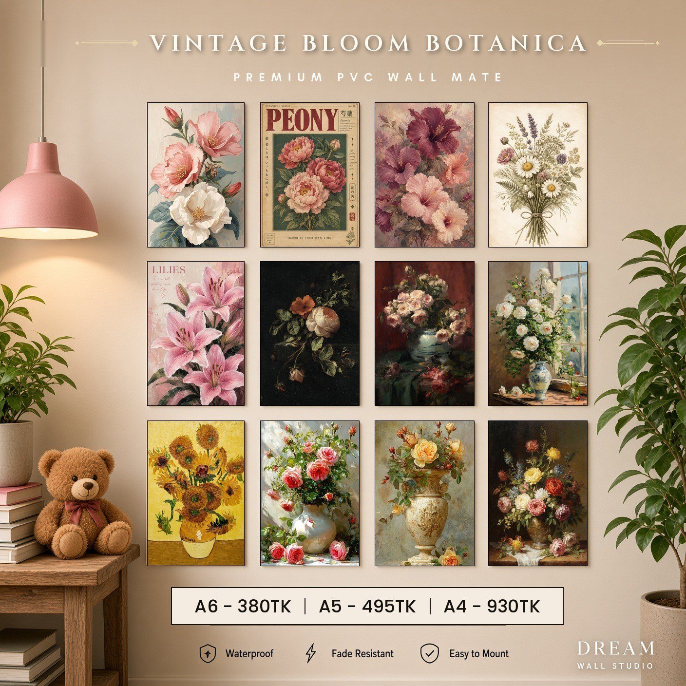 Vintage Bloom Botanica PVC Wallmate 12pcs set – 3mm PVC wall board – Dream Wall Studio
